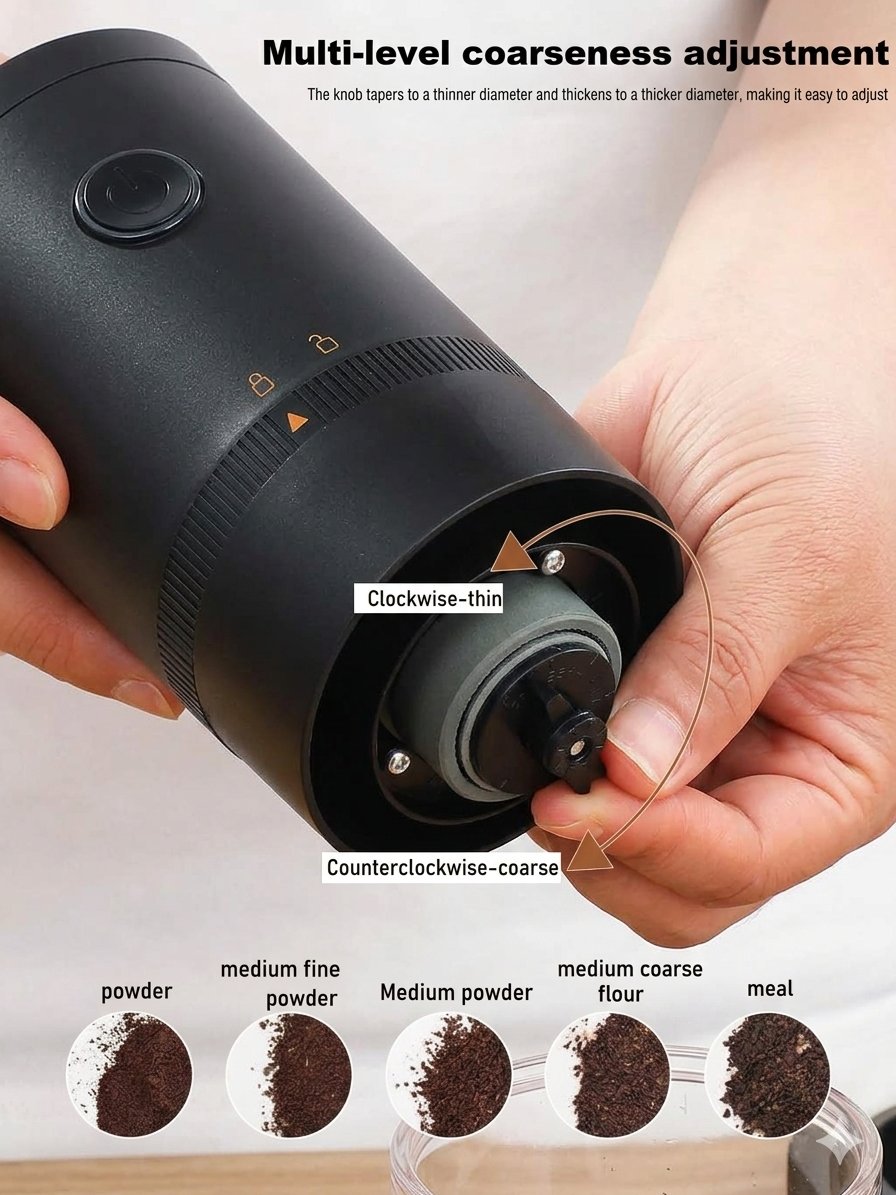 Portable electric coffee grinder with ceramic burr, adjustable grind settings, and USB rechargeable battery. Compact design ideal for espresso, pour-over, French press, travel, and home brewing. product image (6)