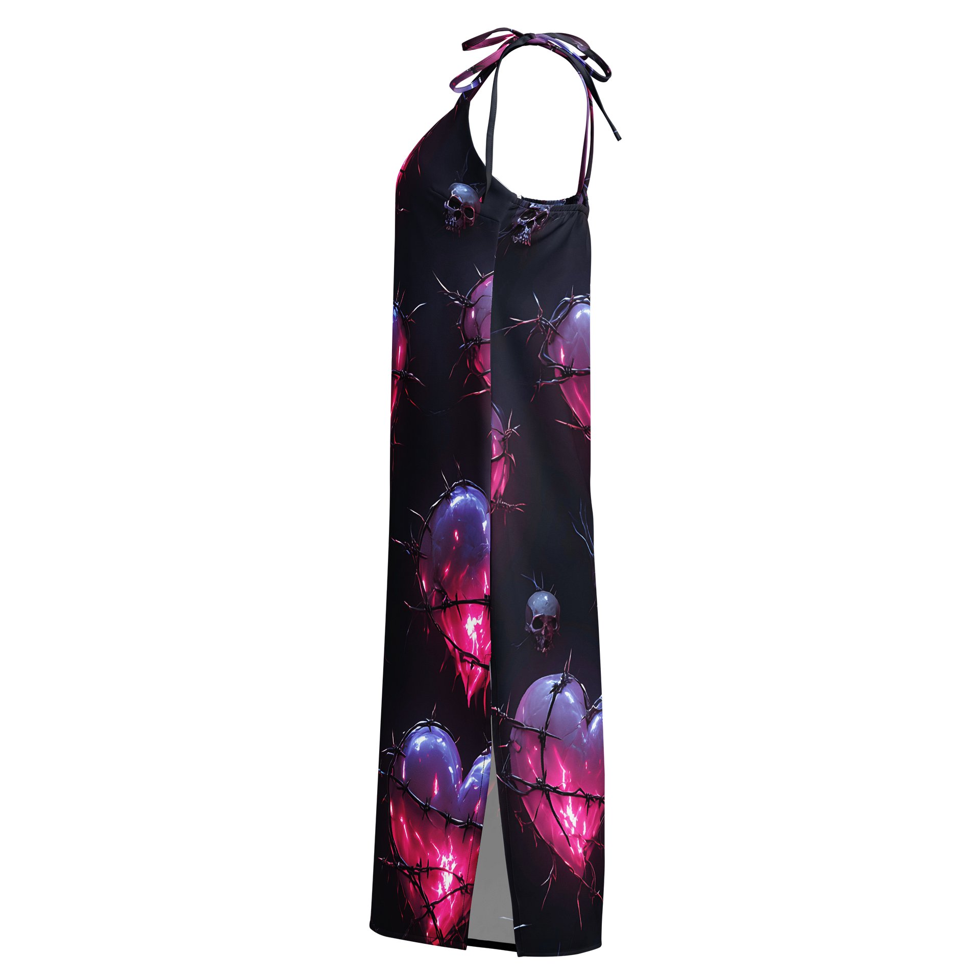 Neon Barbed Heart Skull Midi Slip Dress - Glow Pink Shattered Hearts Chiffon Halter Dress with Slit product image (3)