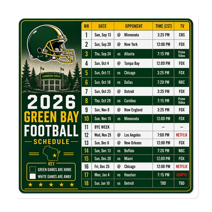 Green Bay 2026 Football Schedule Magnet product image (1)