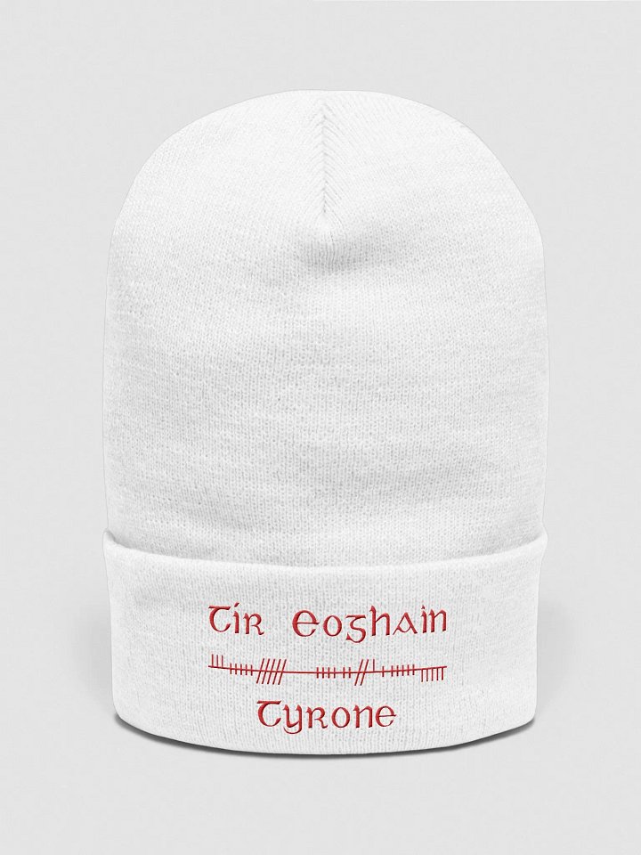 Tyrone/Tír Eoghain, Orthodox style Ogham, white with red, embroidered Cuffed Beanie product image (1)