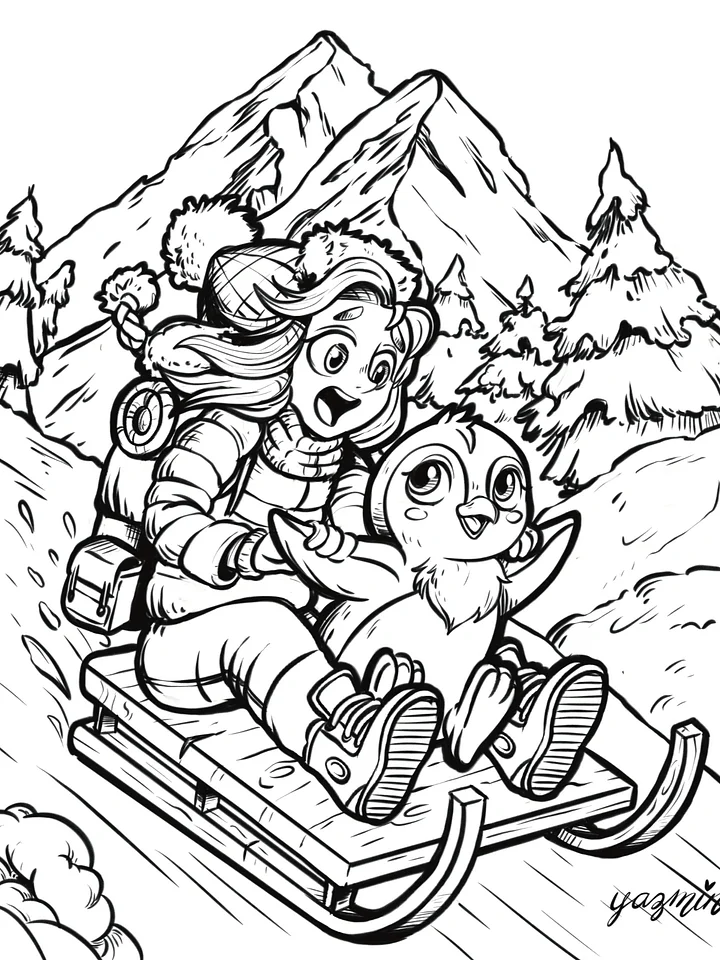 Snowy Adventure Coloring Page: Child & Penguin Toboggan Fun product image (1)