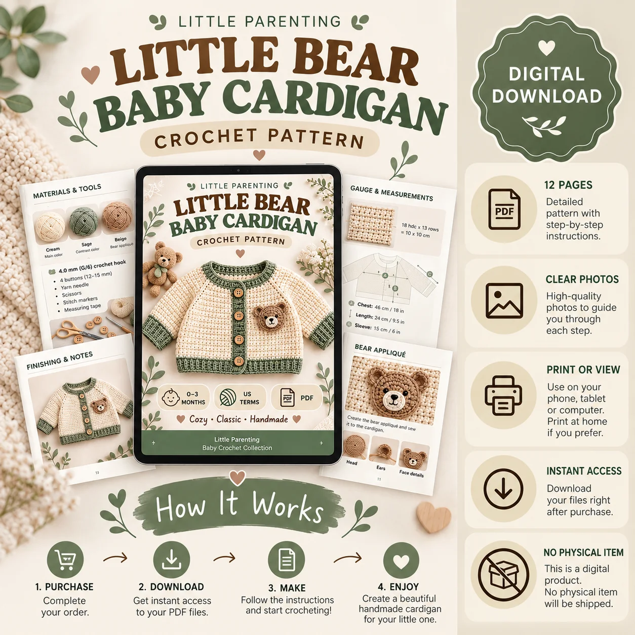 Little Bear Baby Cardigan Crochet Pattern PDF – 0–3 Months product image (5)