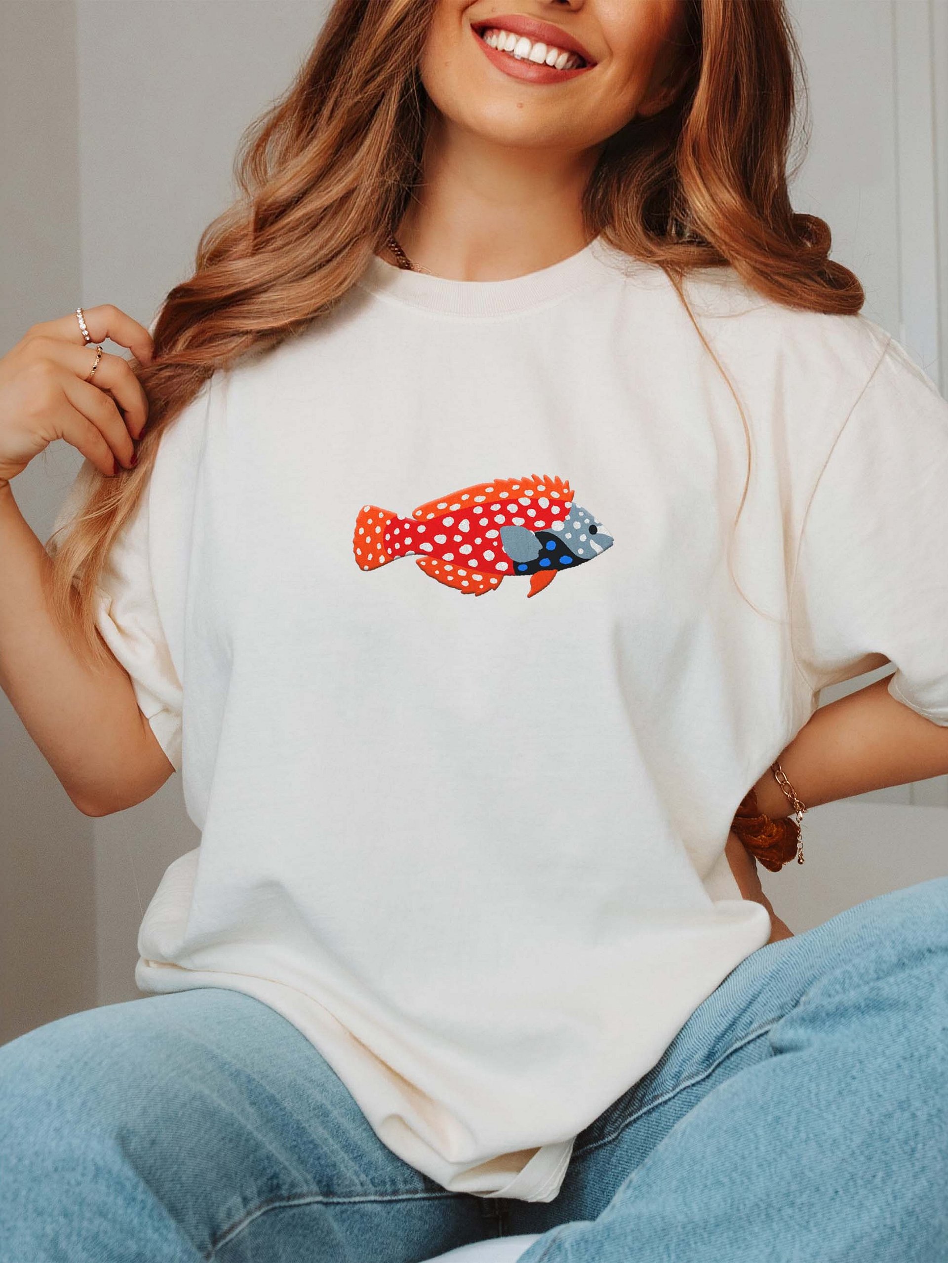 Blue Star Leopard Wrasse Embroidered Shirt | Macropharyngodon bipartitus Reef Fish Tee | Saltwater Aquarium Apparel product image (2)