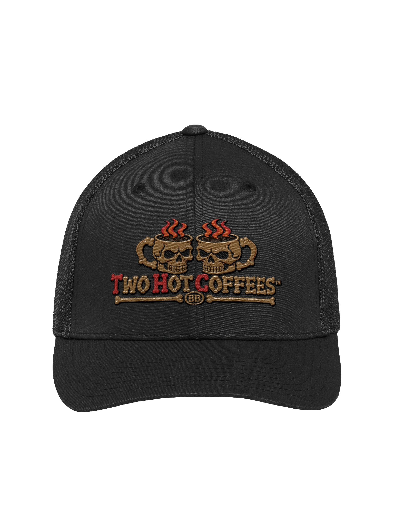 TWO HOT COFFEES™ — THC SKULL FLEXFIT MESH BACK TRUCKER HAT product image (1)