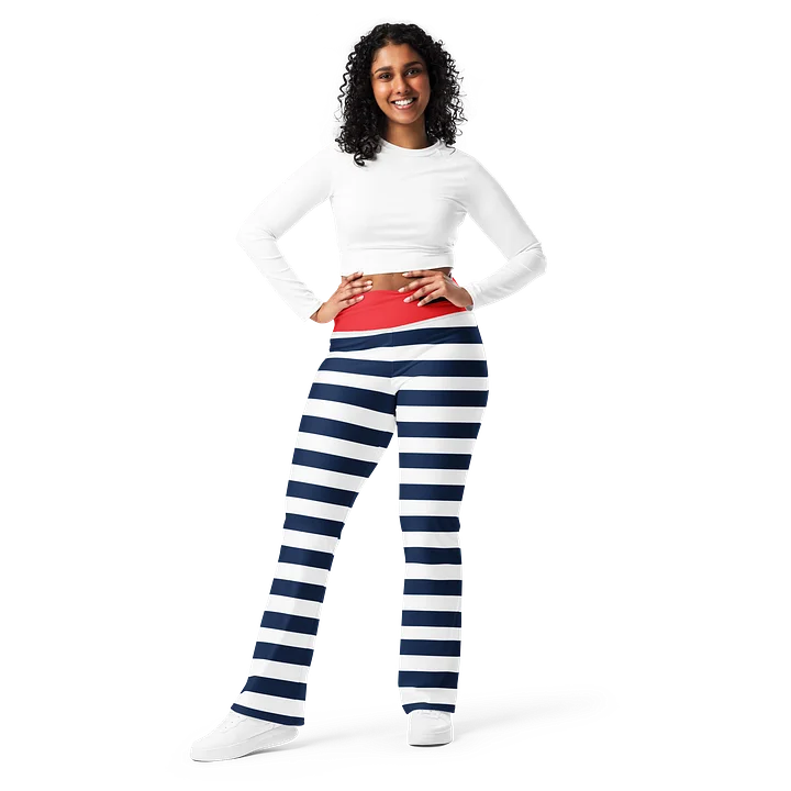 Nautical Stripe High-Waisted Flare Leggings with Red Waistband product image (1)