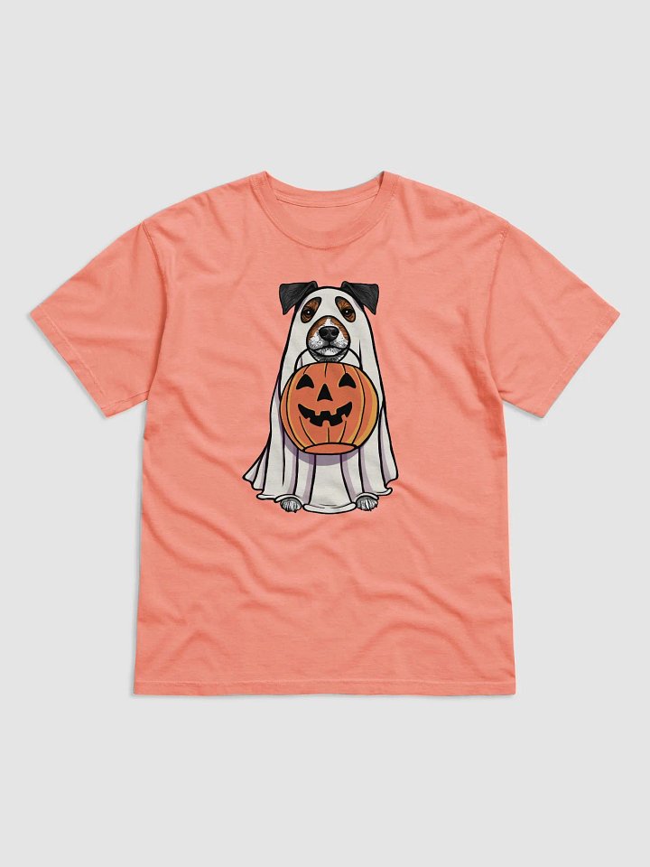 Funny Halloween Jack Russell Terrier(Grizzle) T-Shirt | Funny JRT Wearing a Ghost Costume and Holding a Pumpkin Basket product image (1)