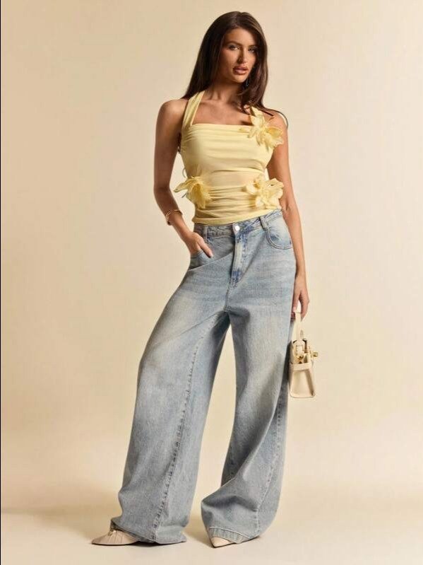 3D Rose Appliqué Halter Neck Backless Top — Light Yellow Slim Fit Knit product image (3)