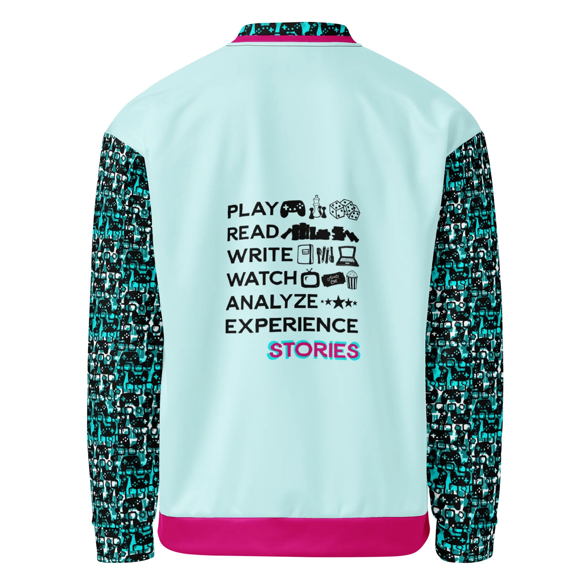 Experience Stories Unisex Bomber Jacket (Teal, Pink, and Black) product image (1)