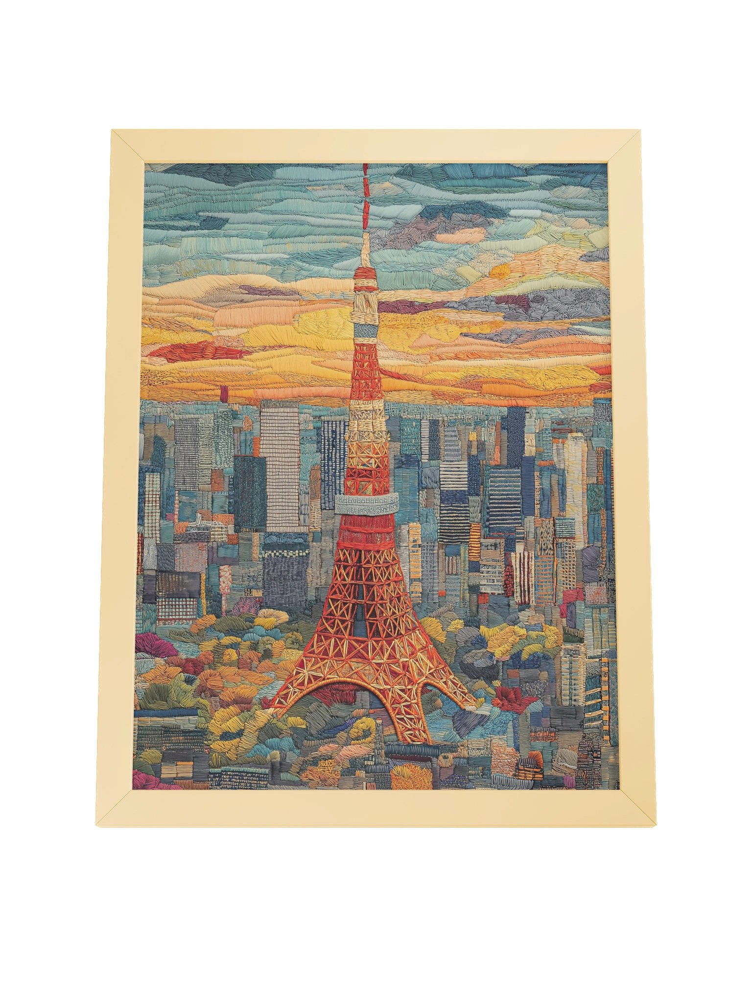 Golden Hour in Tokyo | Embroidery-Style Wall Art — Framed Print product image (24)