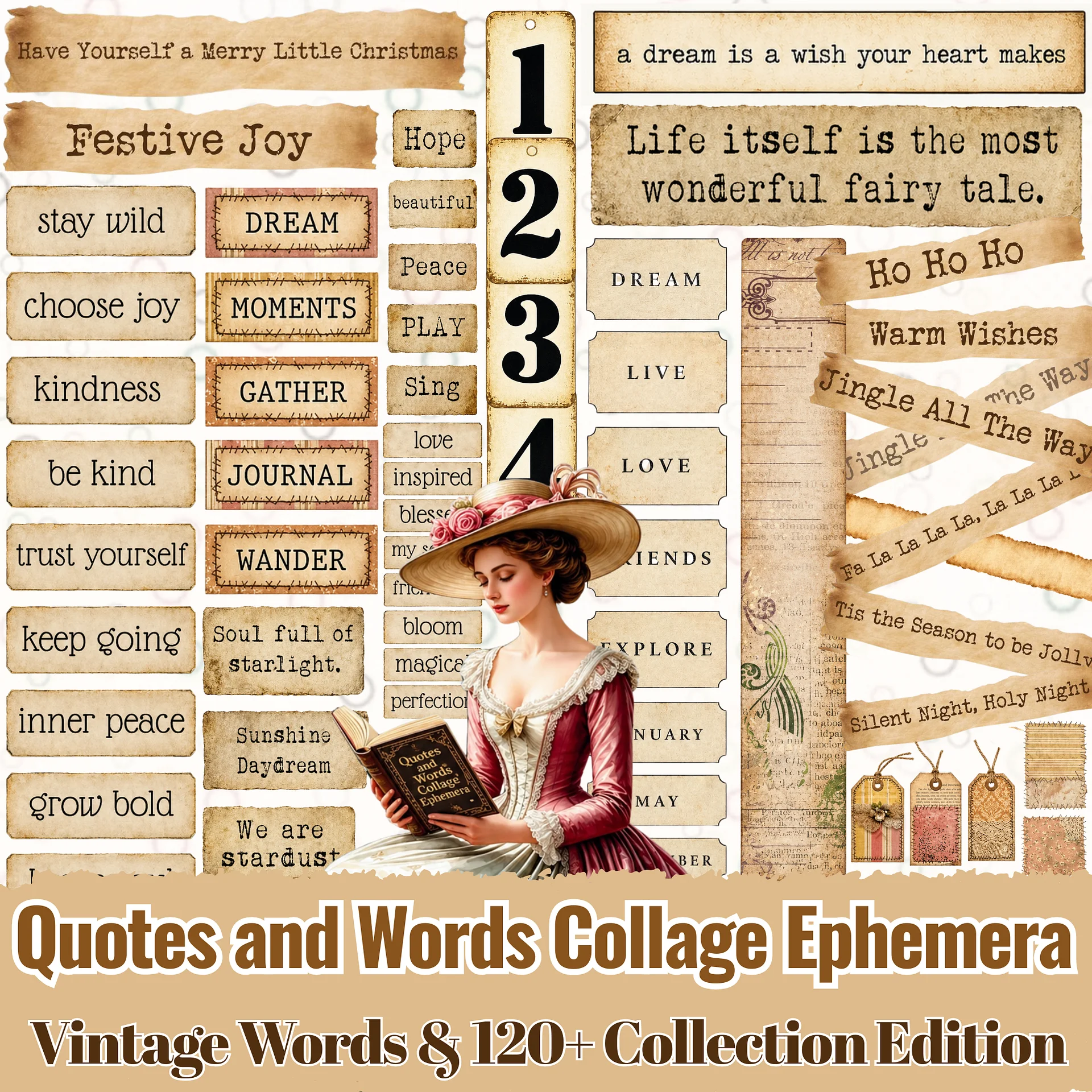 Junk Journal Printable Words & Numbers – 120+ Vintage Quotes, Labels & Ephemera PDF product image (1)