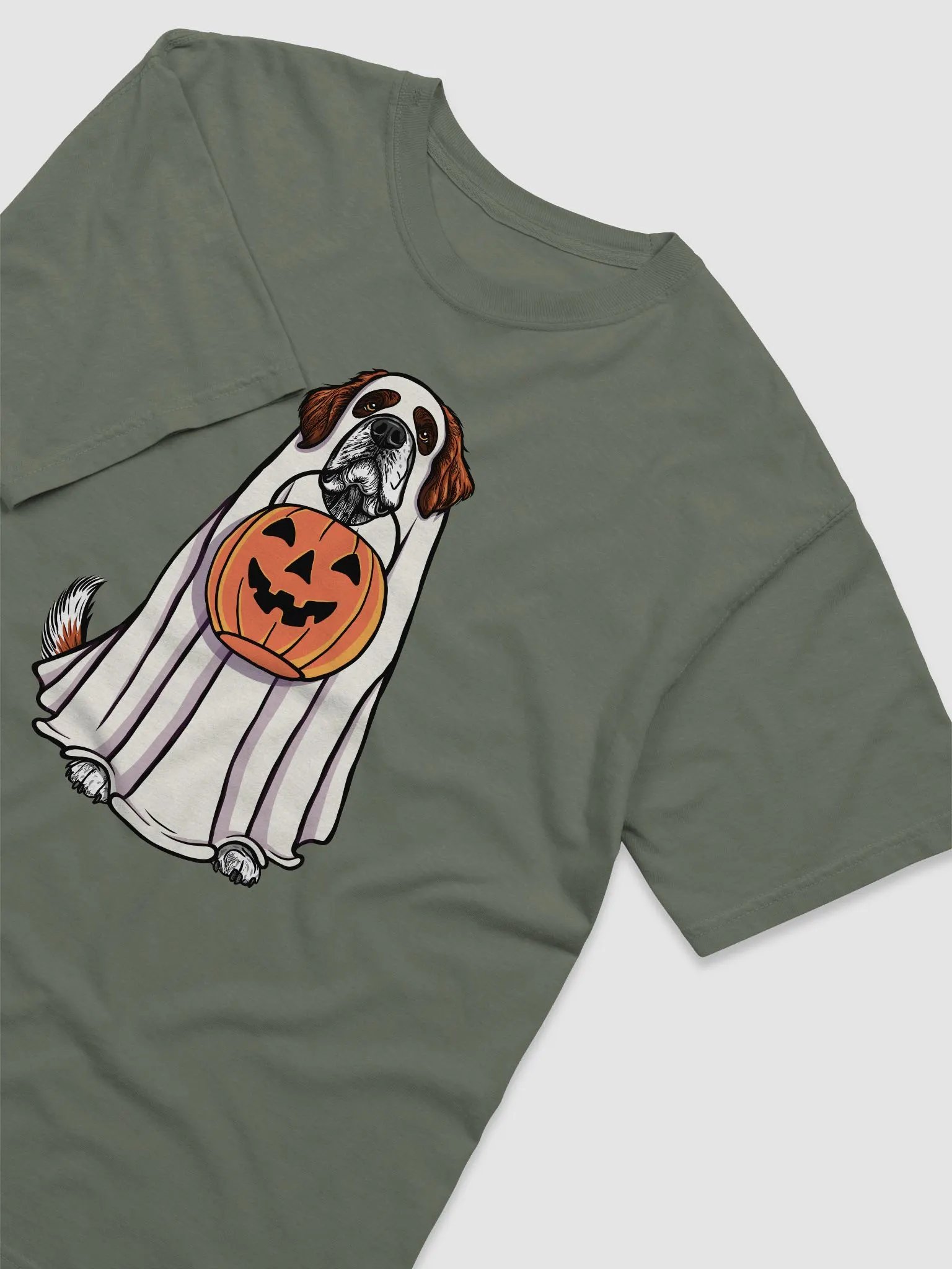 Funny Halloween Saint Bernard T-Shirt | Funny Dog Wearing a Ghost Costume and Holding a Pumpkin Basket product image (6)