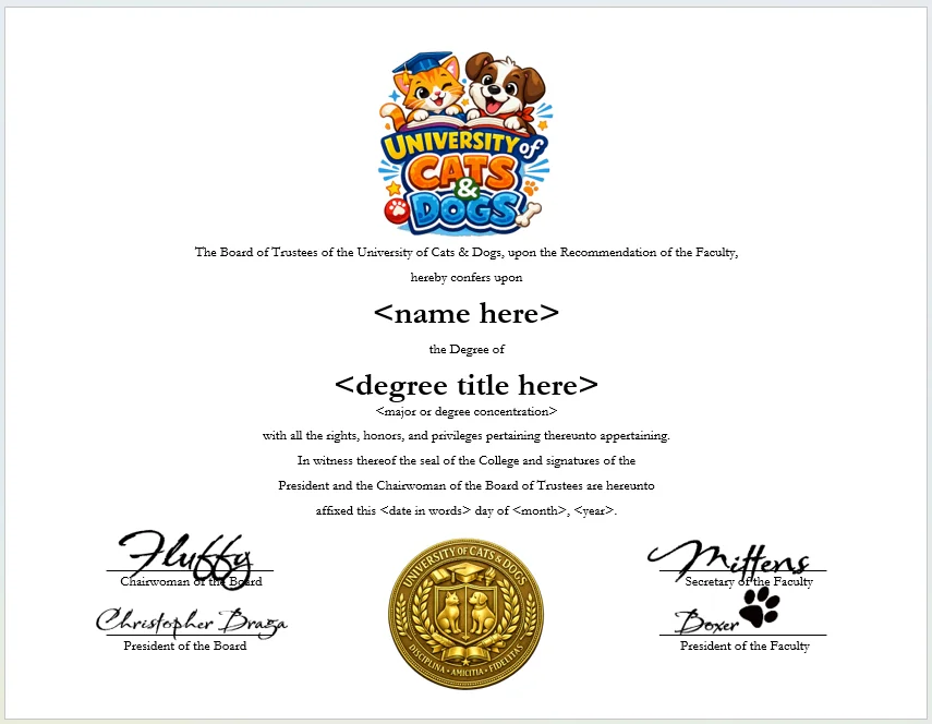 University of Cats & Dogs degree parchment product image (1)