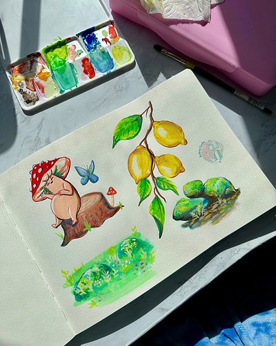 Continuing to learn about gouache and loving the vibrant colors! 🍄🍋🎨 I experimented with lemons, mossy greens, and my new mus...