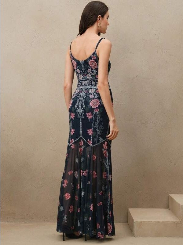 Anewsta Elegant Floral Network Splice Printed V-Neck Mermaid Hem Spaghetti Strap Dress, For Valentine's Day, Summer Beach Vacation, New Year Outfit product image (2)