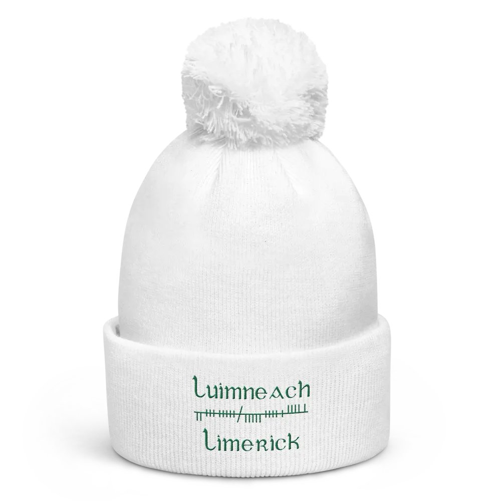Limerick/Luimneach Orthodox style Ogham, white with green embroidered Pom-Pom Beanie product image (1)