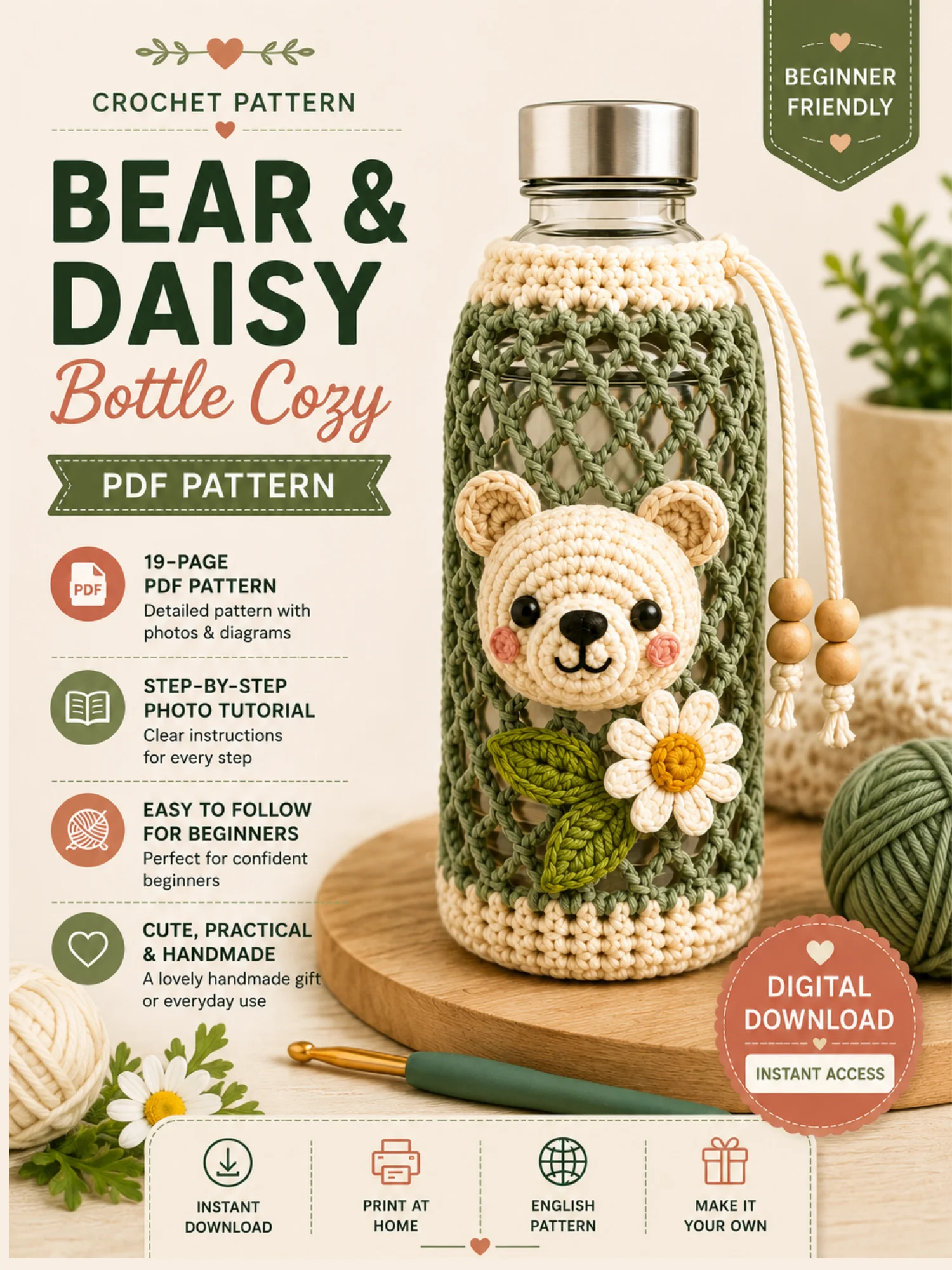 Bear & Daisy Bottle Cozy PDF Pattern product image (1)