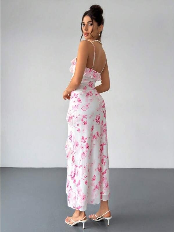 White & Pink Floral Ruffle Hem Spaghetti Strap Dress | Women's Boho Tiered A-Line Maxi Dress for Beach, Wedding & Vacation | ADLEST product image (2)
