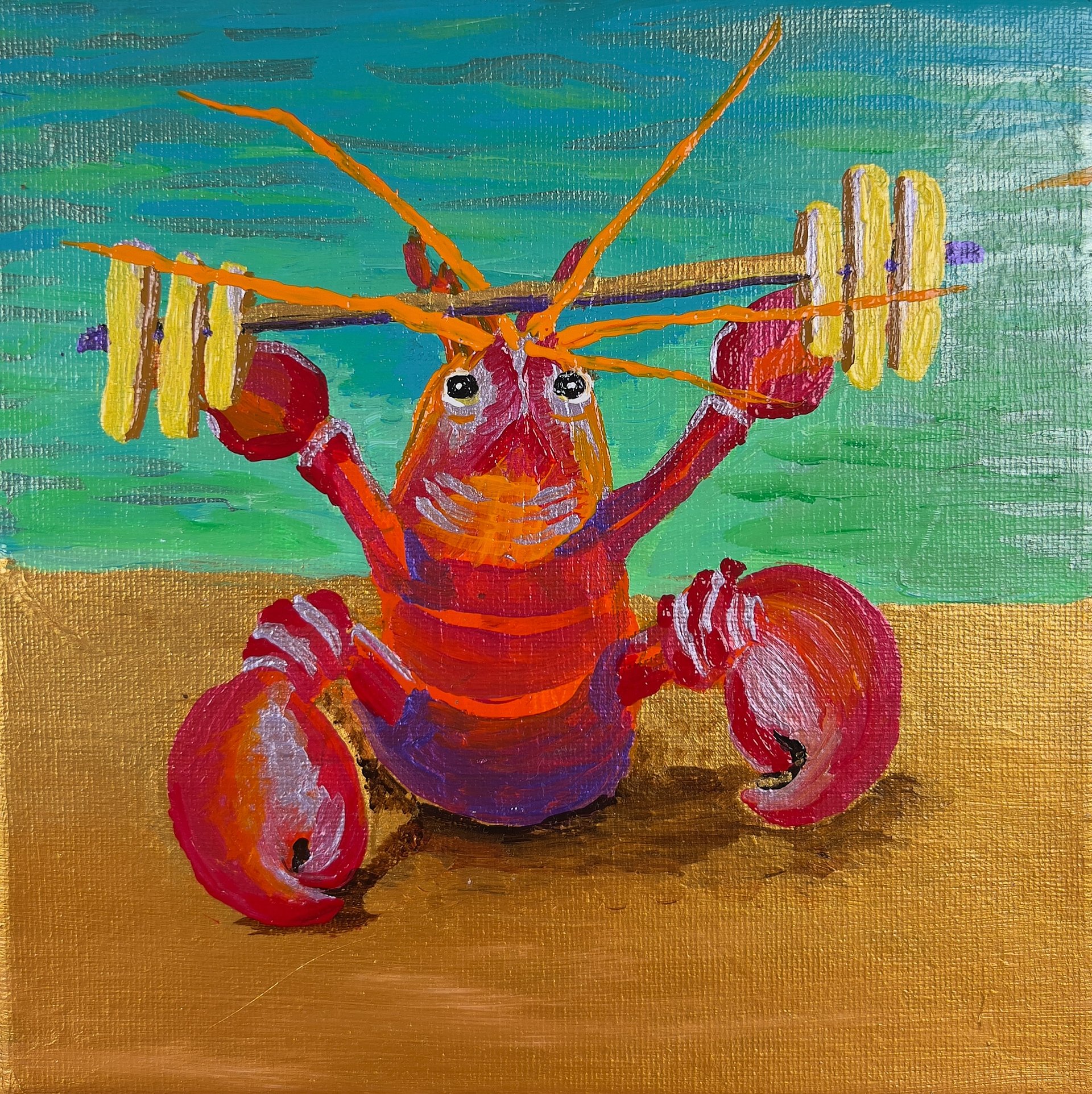 Lobster Weightlifter — One-of-a-Kind Original Painting product image (1)