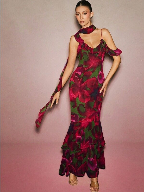 Summer Women Outfit, Women Clothes, Resort Elegant Red Floral Print Chiffon Ruffled Mermaid Off Shoulder Maxi Dress With Scarf, Women Dresses, Party Women Dresses product image (1)