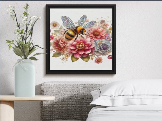Crystal Bee on Blooming Flowers - Elegant Nature Art Print product image (1)