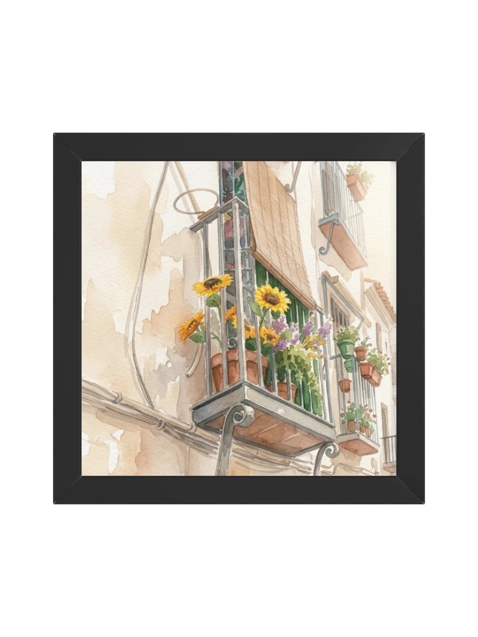 Mediterranean Balcony Watercolor Square Print | Sunflower Wall Art | European Street Scene Painting | Rustic Spanish Village Decor product image (2)