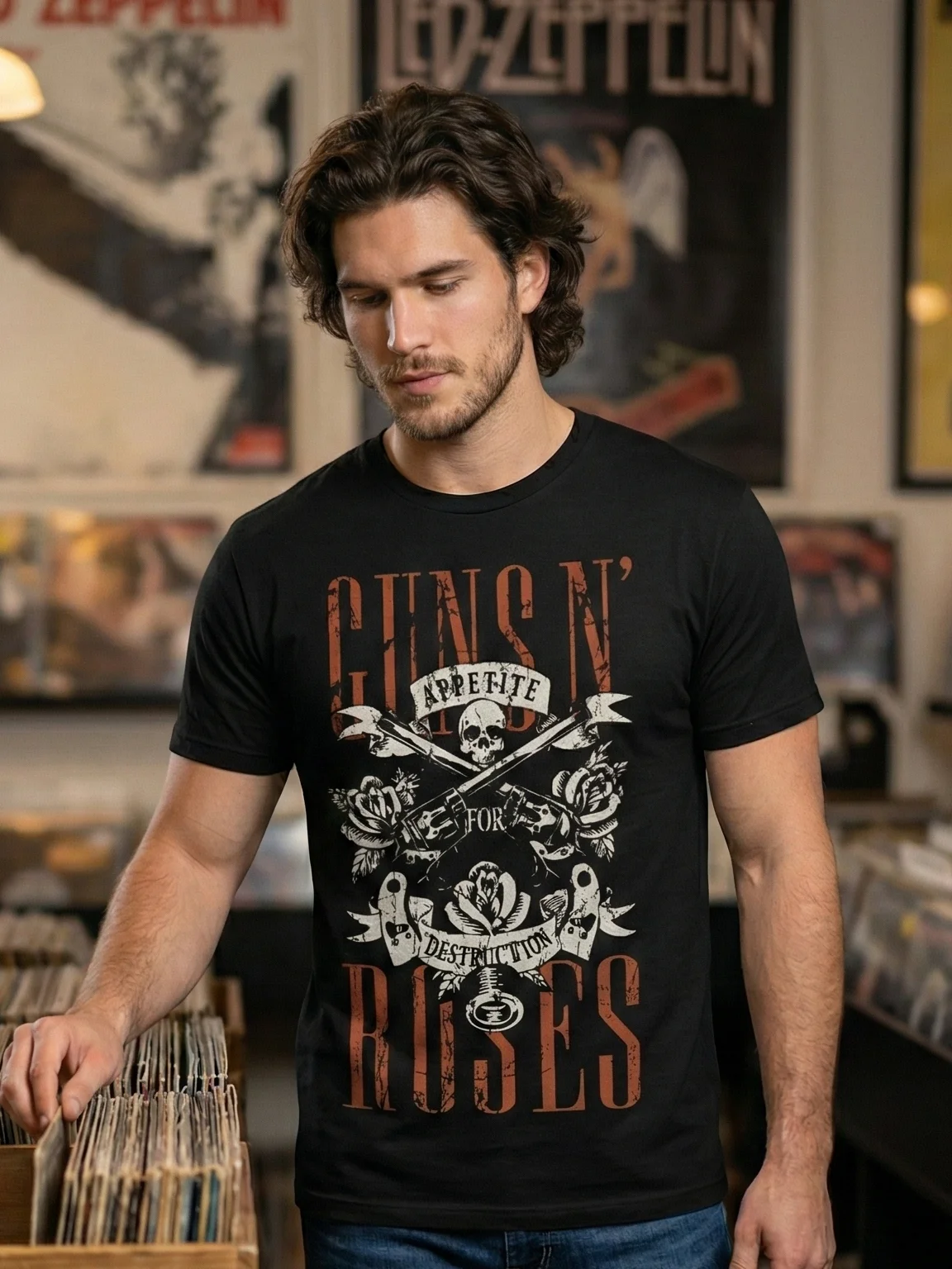 Guns N' Roses Appetite for Destruction T-Shirt | Skull Crossed Guns Roses Tattoo Graphic Tee | 1987 Hard Rock Band Shirt product image (1)