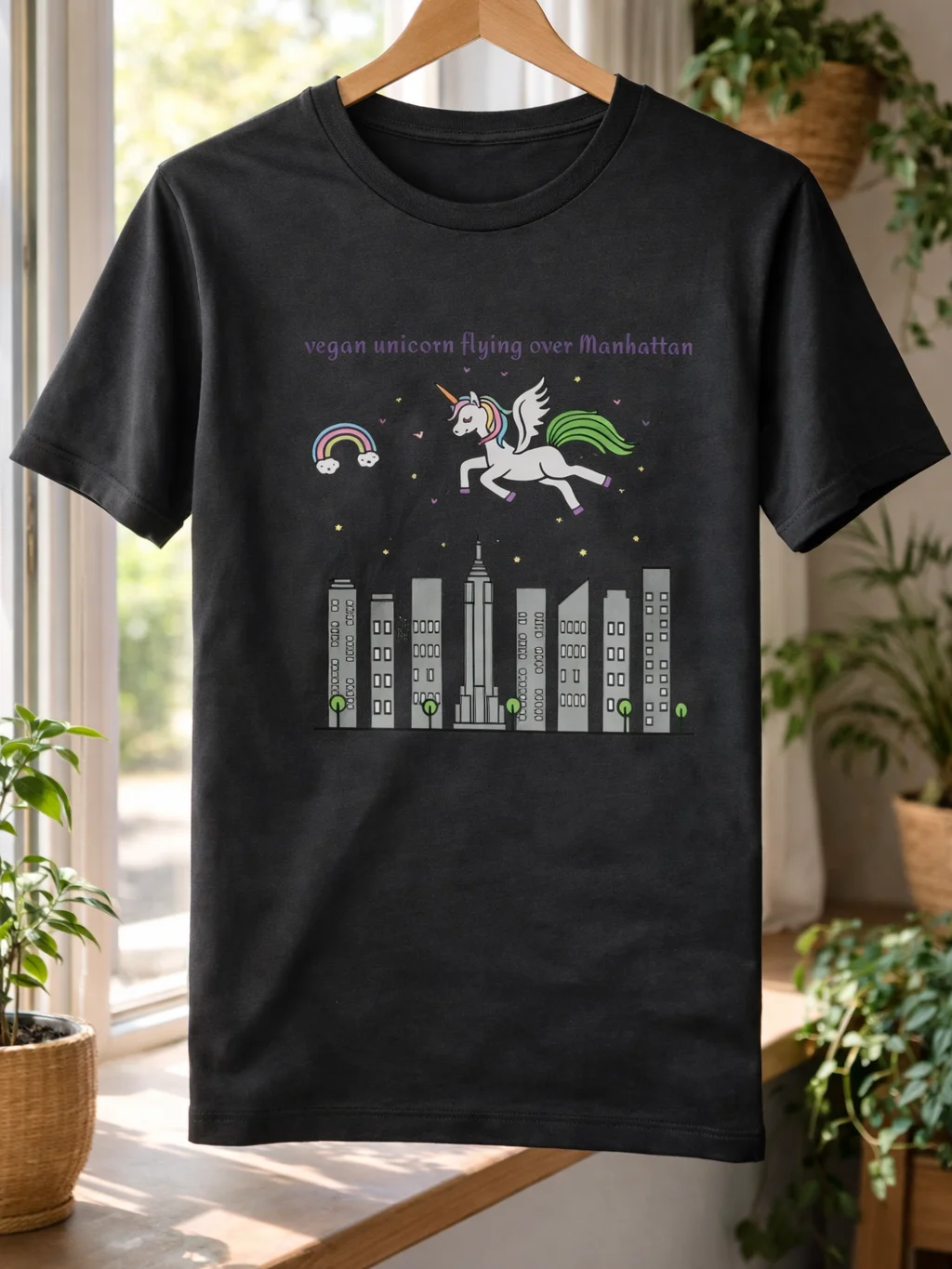 “Vegan Unicorn Flying Over Manhattan” Unisex Black T-Shirt product image (1)