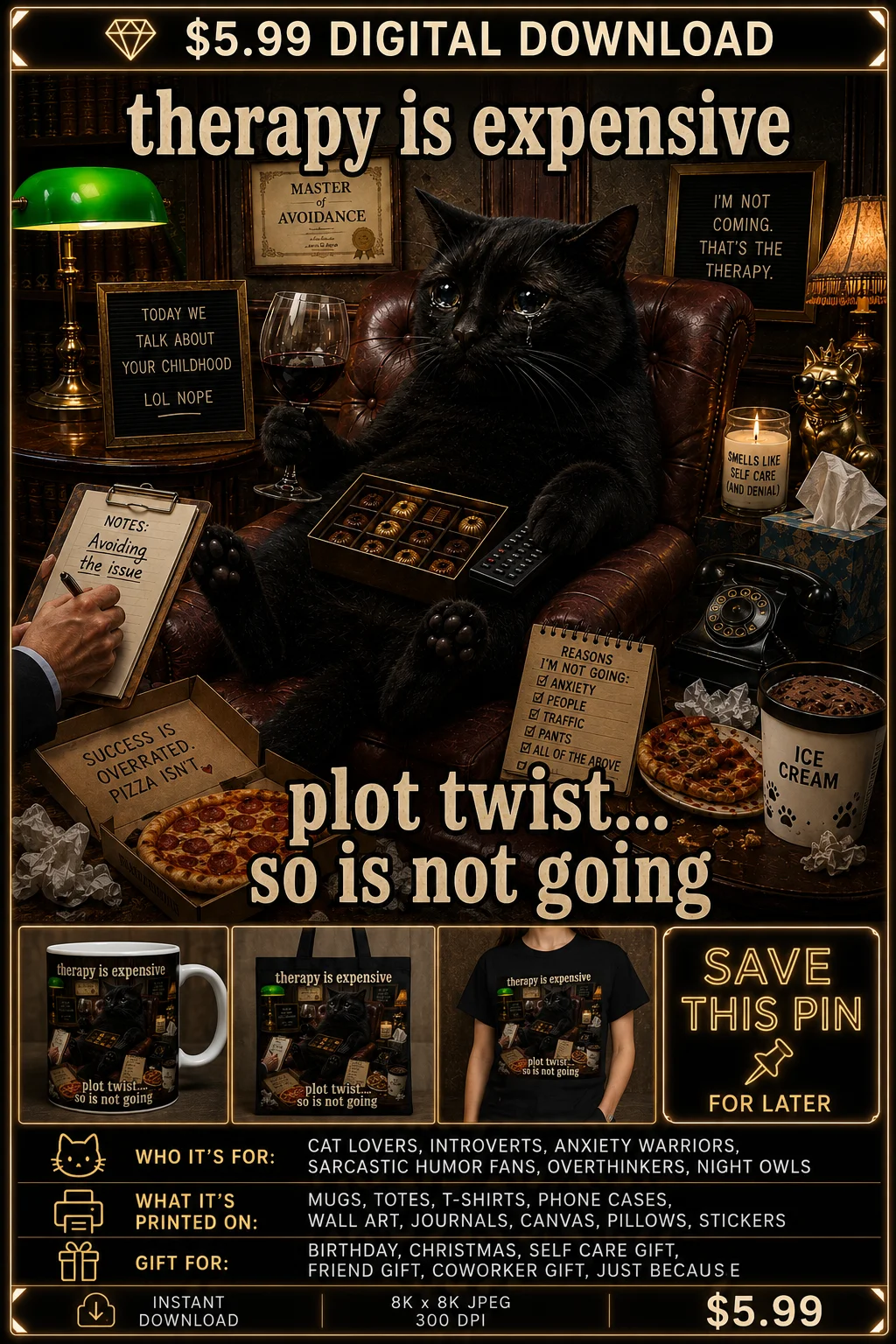 Therapy Is Expensive Cat Wall Art Funny Black Cat Digital Download Anxiety Humor $5.99 product image (1)