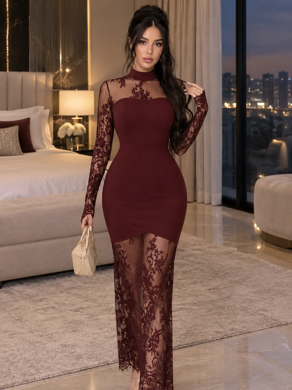 Elenzga New Elegant Sexy Lace Hollow-Out Long Sleeve Dress, Waist Cinched Bodycon Fit High-End Quality Stretchy Mermaid Hem Evening Gown product image (2)