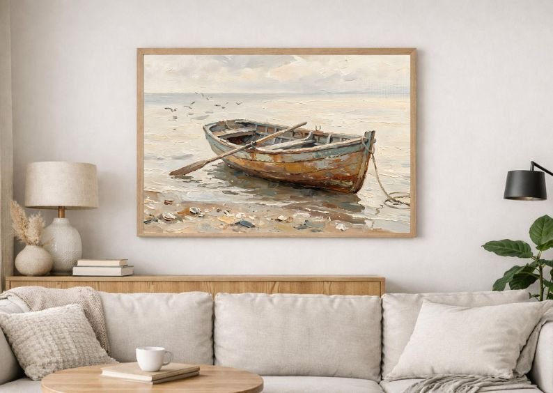 Rare Watercolor Coastal Wall Art Bundle of 3 – Fishing Nets on Wooden Dock, Drifting Rowboat & Tide Pools with Rocks, Fine Detail Nautical Print product image (1)