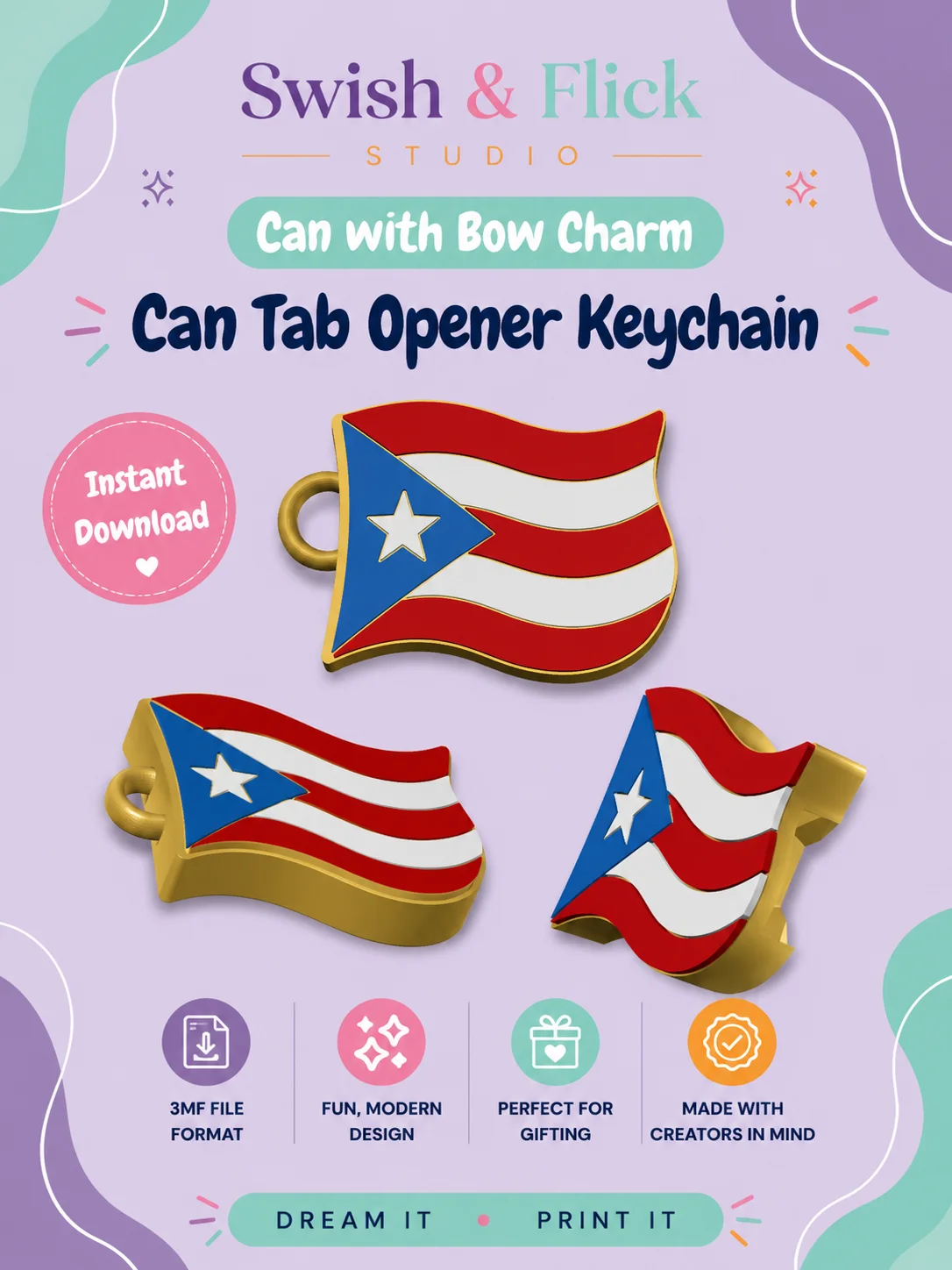 Puerto Rican Flag Can Tab Opener STL | Easy Open Can Tool | 3D Print File | Arthritis Friendly Can Opener | Beverage Tab Lifter | Digital Download product image (1)