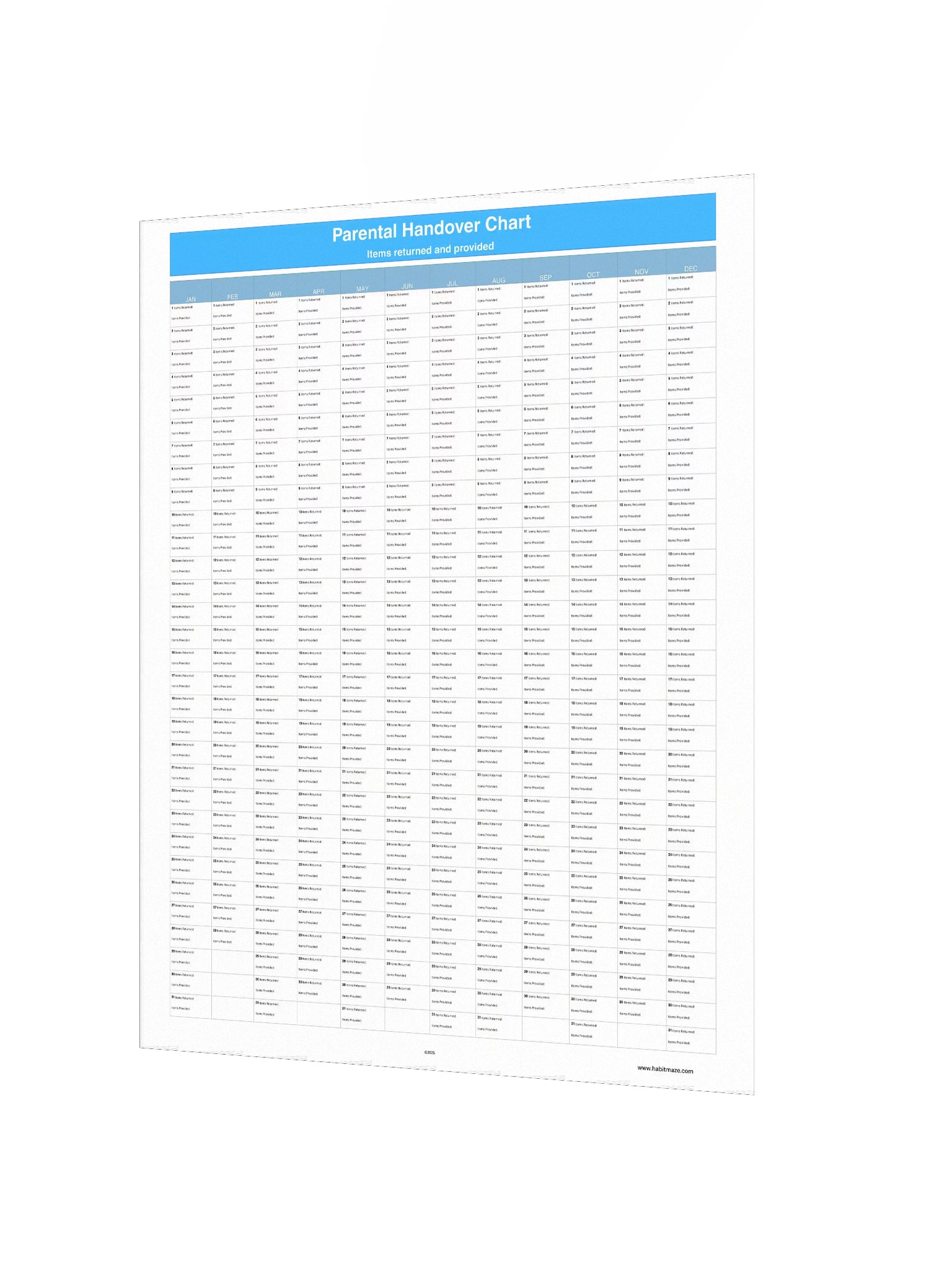 Parental Handover Chart ( 1 Year ) product image (3)