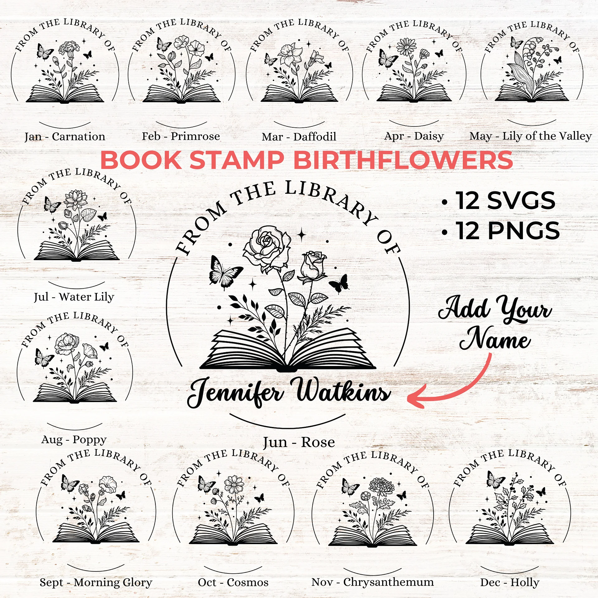 Birthflower Bookish Book Stamp Flowers Books SVG PNG, Custom Birth flowers, Rose, Butterfly Sublimation Design Laser File, Digital Download product image (1)