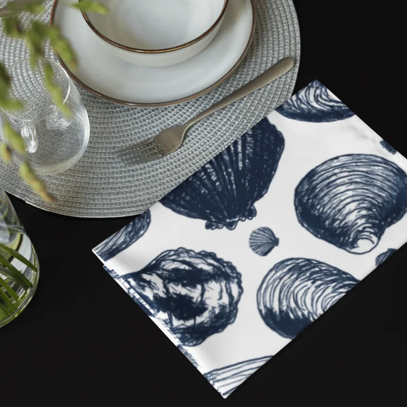 New England Tidal Treasures | Seashell Napkin Set | Monique Faella Designs™ | Dark Blue on White product image (7)