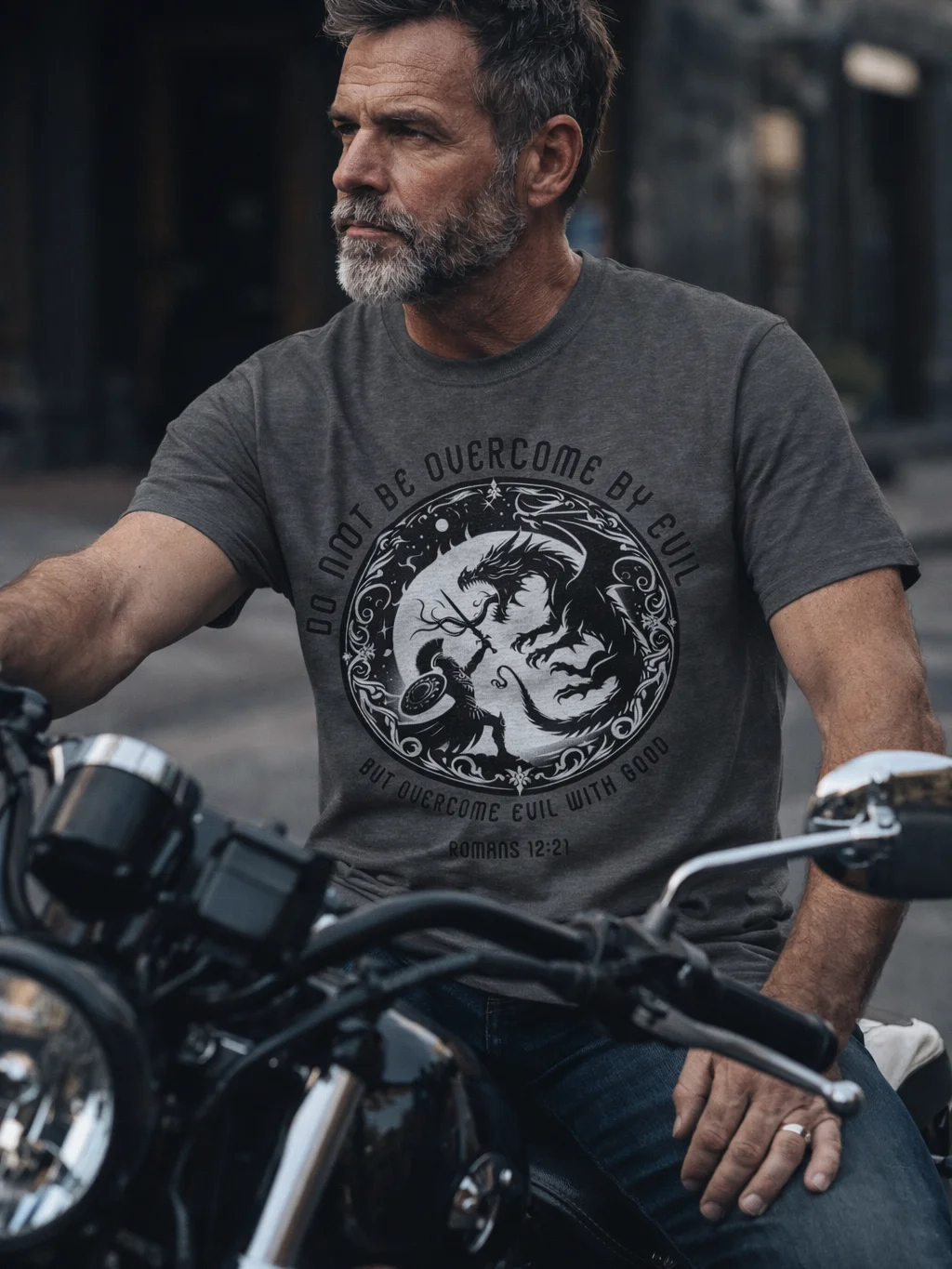 Overcome Evil T-Shirt, Christian Soldier Knight in Armor Battling Dragon Men's Design Tee product image (36)
