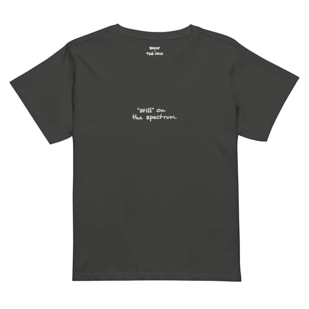 *still* on the spectrum (white) embroidered waist length t-shirt product image (26)