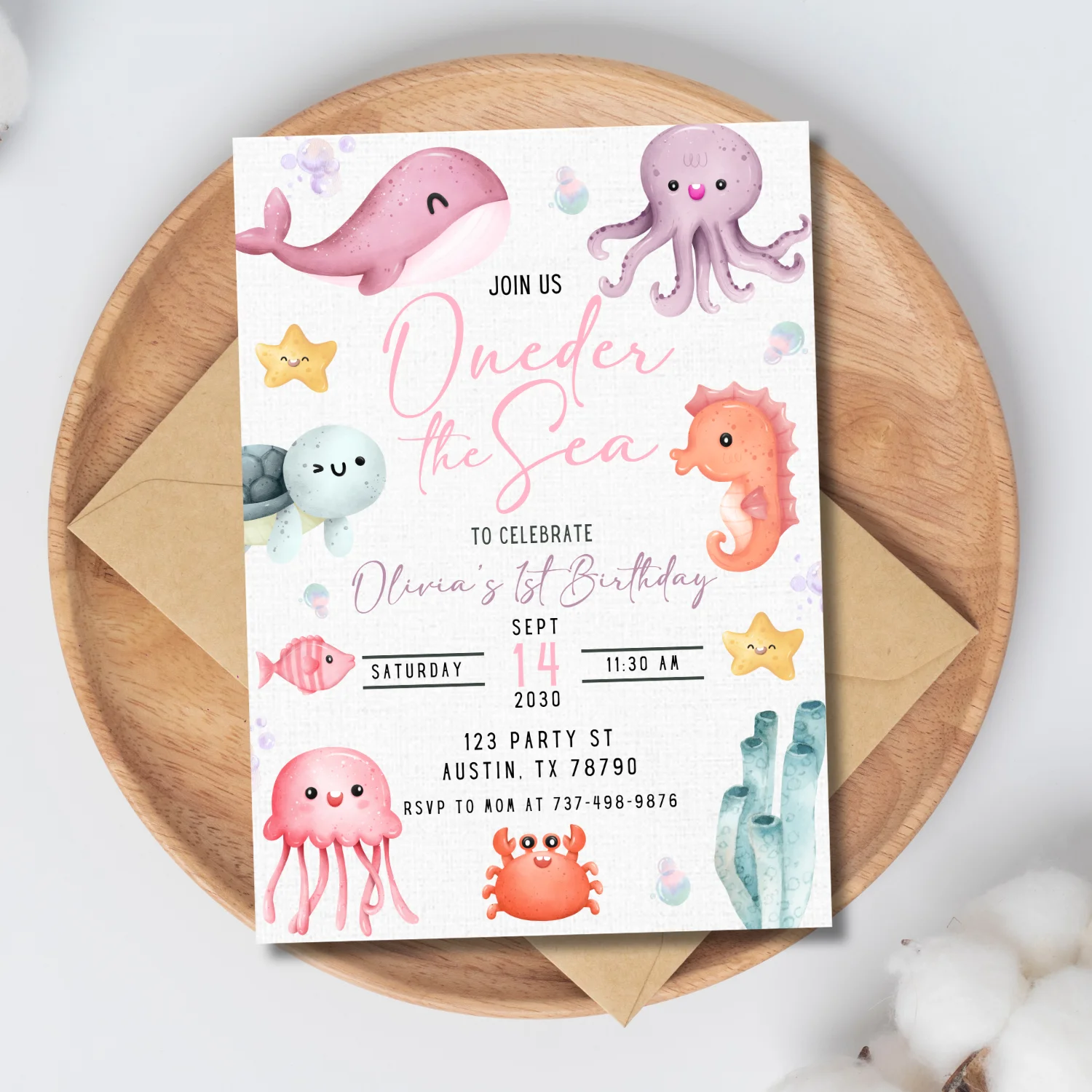 Oneder the Sea Birthday Invitation | Girl 1st Birthday Party Under the Sea | Editable Canva Template | Ocean Mermaid Sea Animals Theme product image (6)