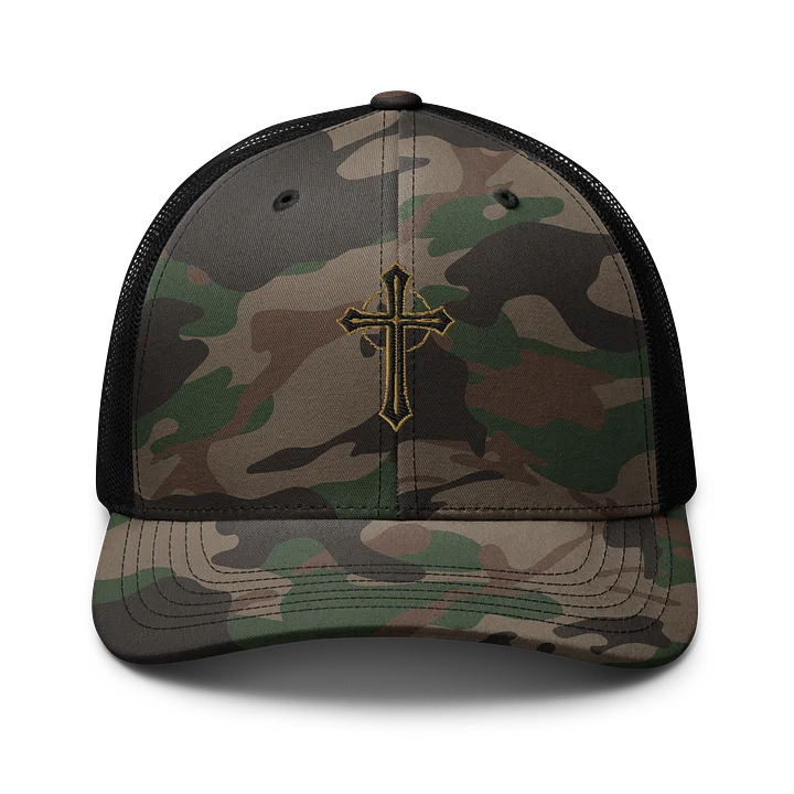 Golden Cross Emblem Camo Trucker Hat product image (1)