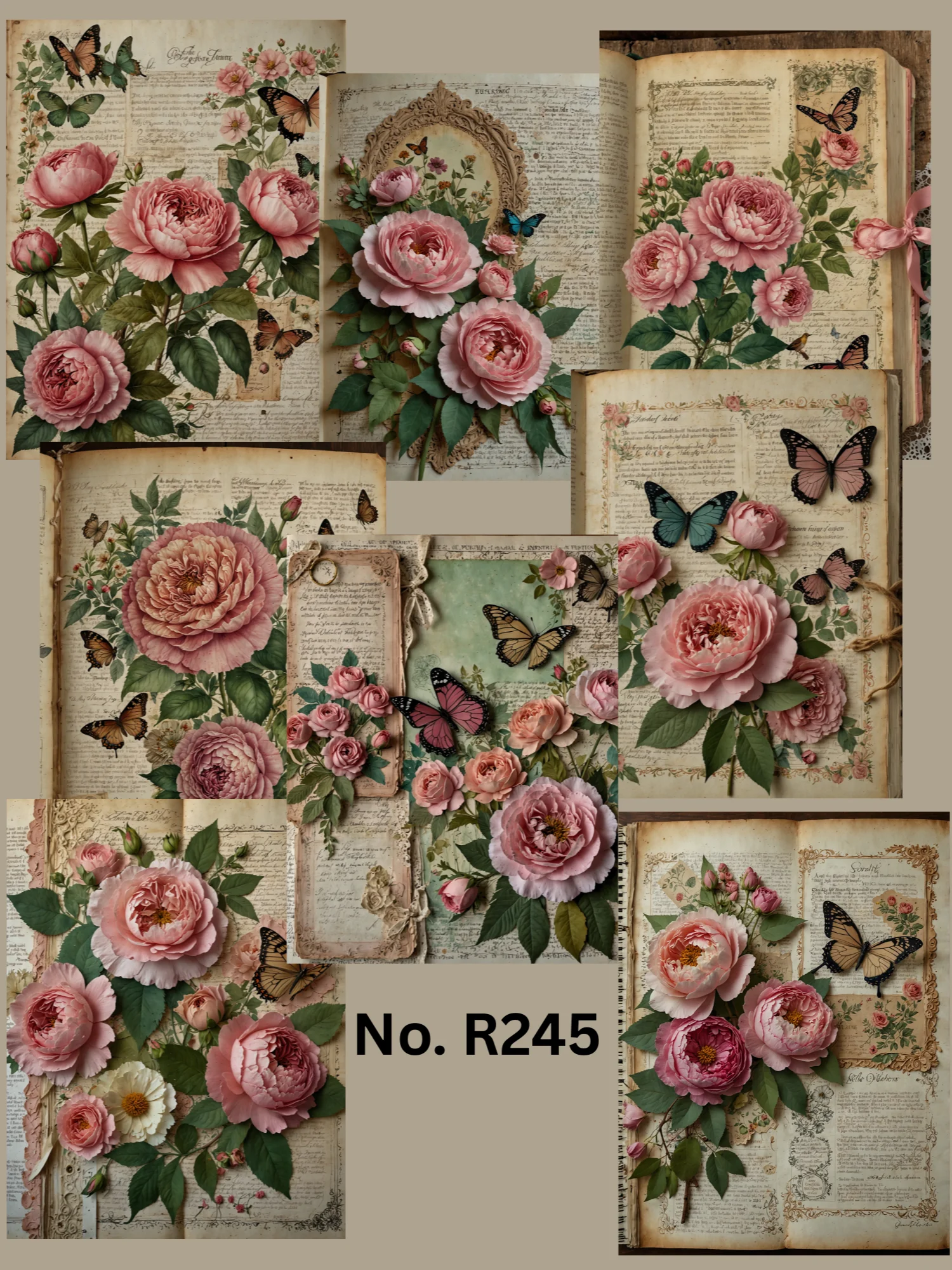 Set of 8 Antique Book Pages with Garden Roses No.R245 product image (1)