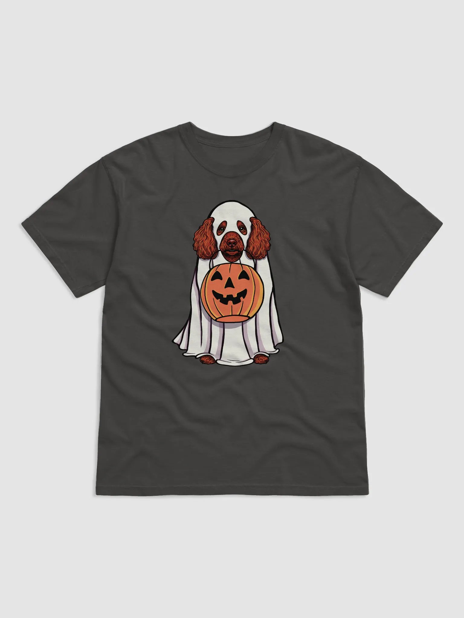 Funny Halloween Mini Poodle(Red) T-Shirt | Funny Poodle Wearing a Ghost Costume and Holding a Pumpkin Basket product image (1)