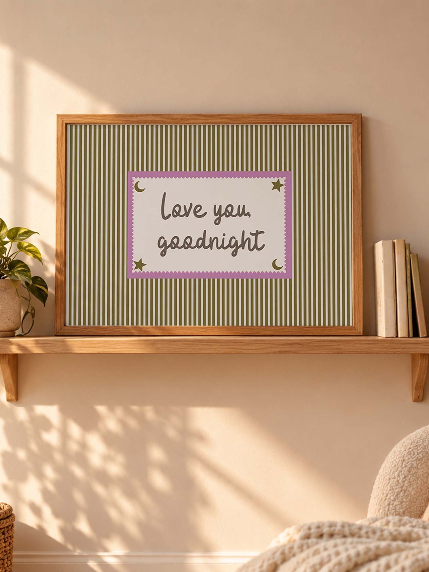 Love You Goodnight Print, Retro Striped Moon Star Wall Art, Handwritten Quote, Neutral Nursery Bedroom Decor, Horizontal Digital Download product image (8)