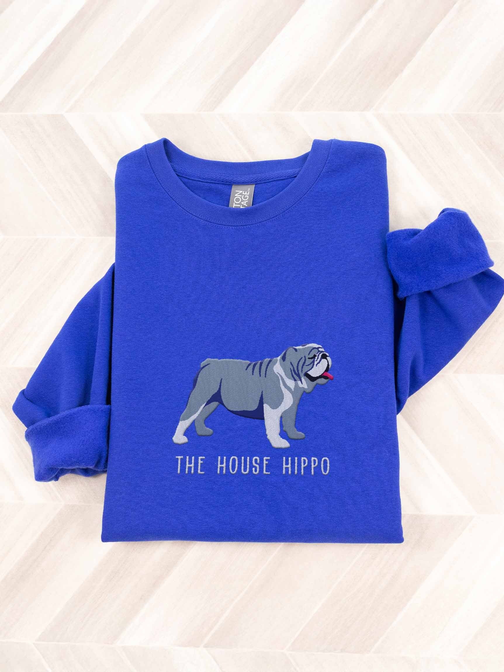 The House Hippo Sweatshirt (Embroidered) of an English Bulldog(Blue & White) product image (1)