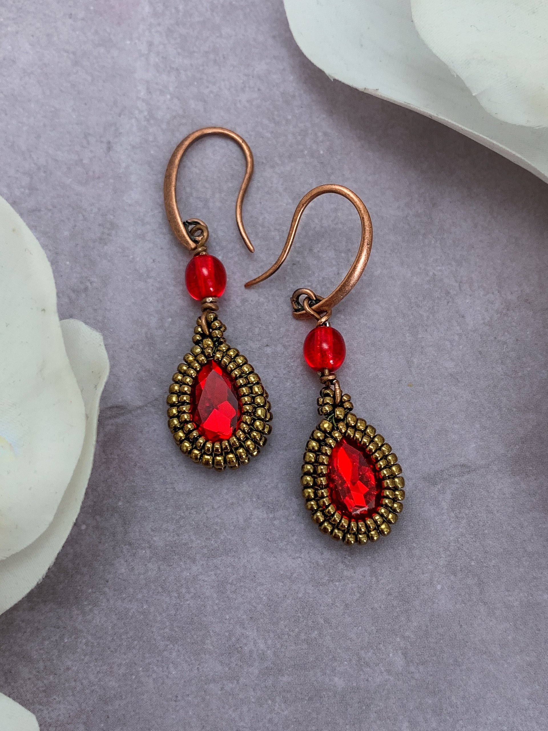 Red and Copper Crystal and Seed Bead Teardrop Earrings product image (2)
