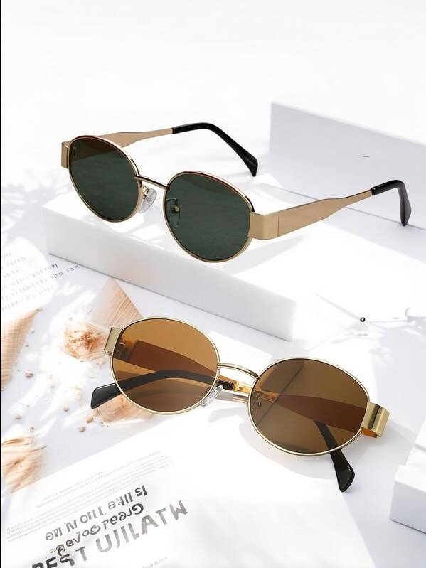 2 Pcs Oval-Shaped Metal Frame Vintage Fashion Glasses, Suitable For Men And Women For Everyday Use, Traveling, And Beach Wear In Summer product image (1)