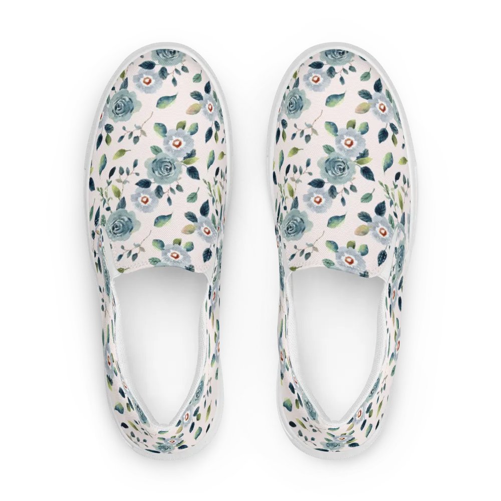 Floral Blue Flowers Pattern Womens Slip On Canvas Shoes product image (3)