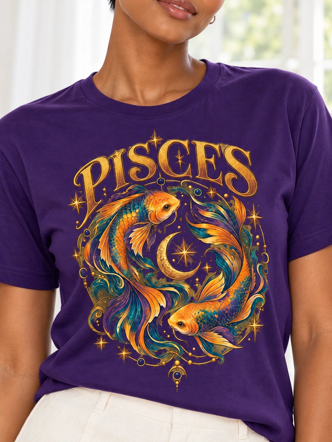 Pisces Zodiac T-Shirt With Flowing Celestial Fish Art product image (1)
