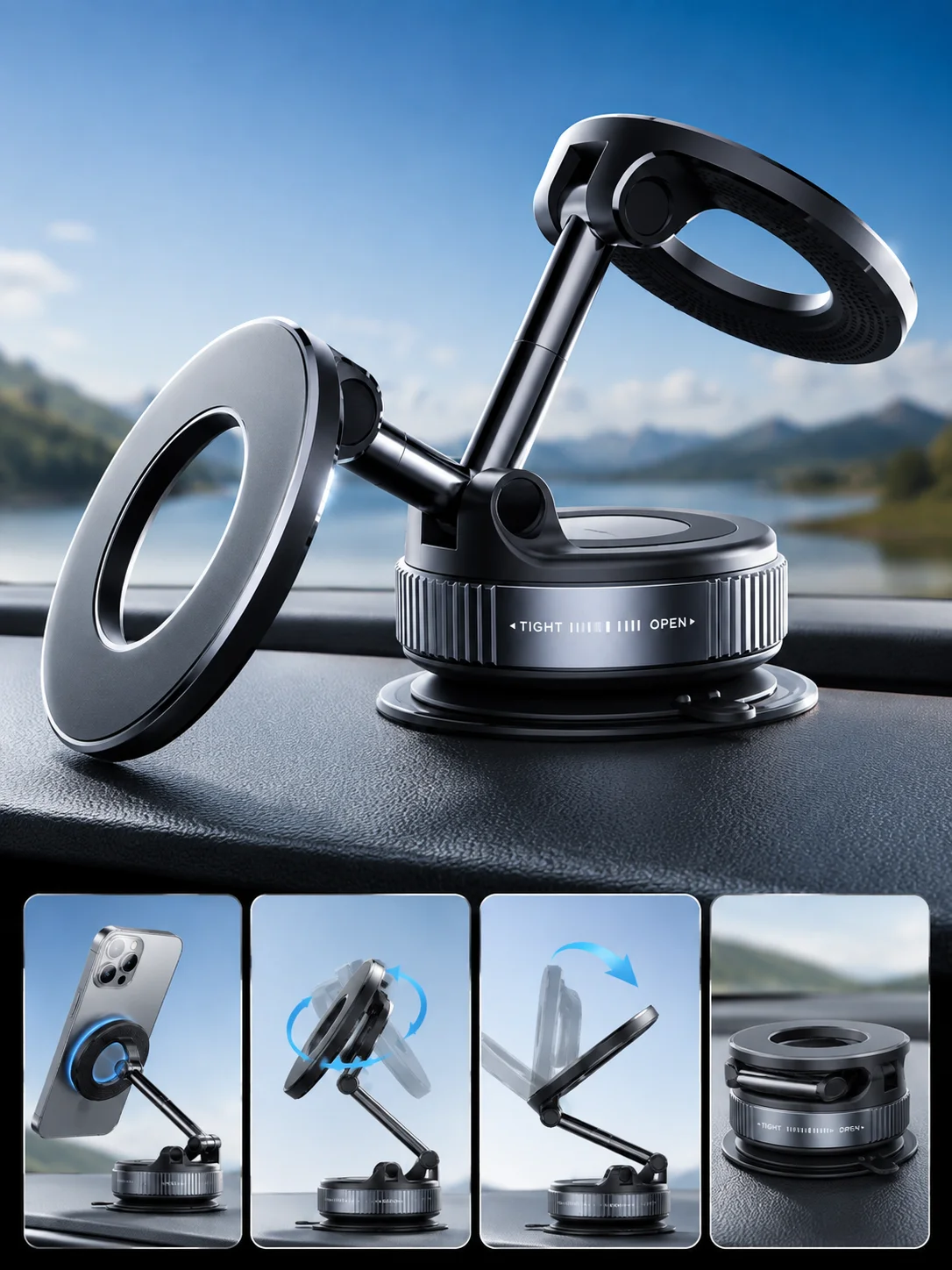 360° Magnetic Car Phone Holder – Foldable Suction Cup Mount for MagSafe Phones product image (4)