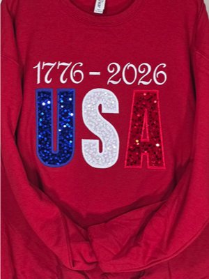 USA 1776 Patriotic America 4th of July Red Crewneck Embroidery Applique Sequin product image (2)