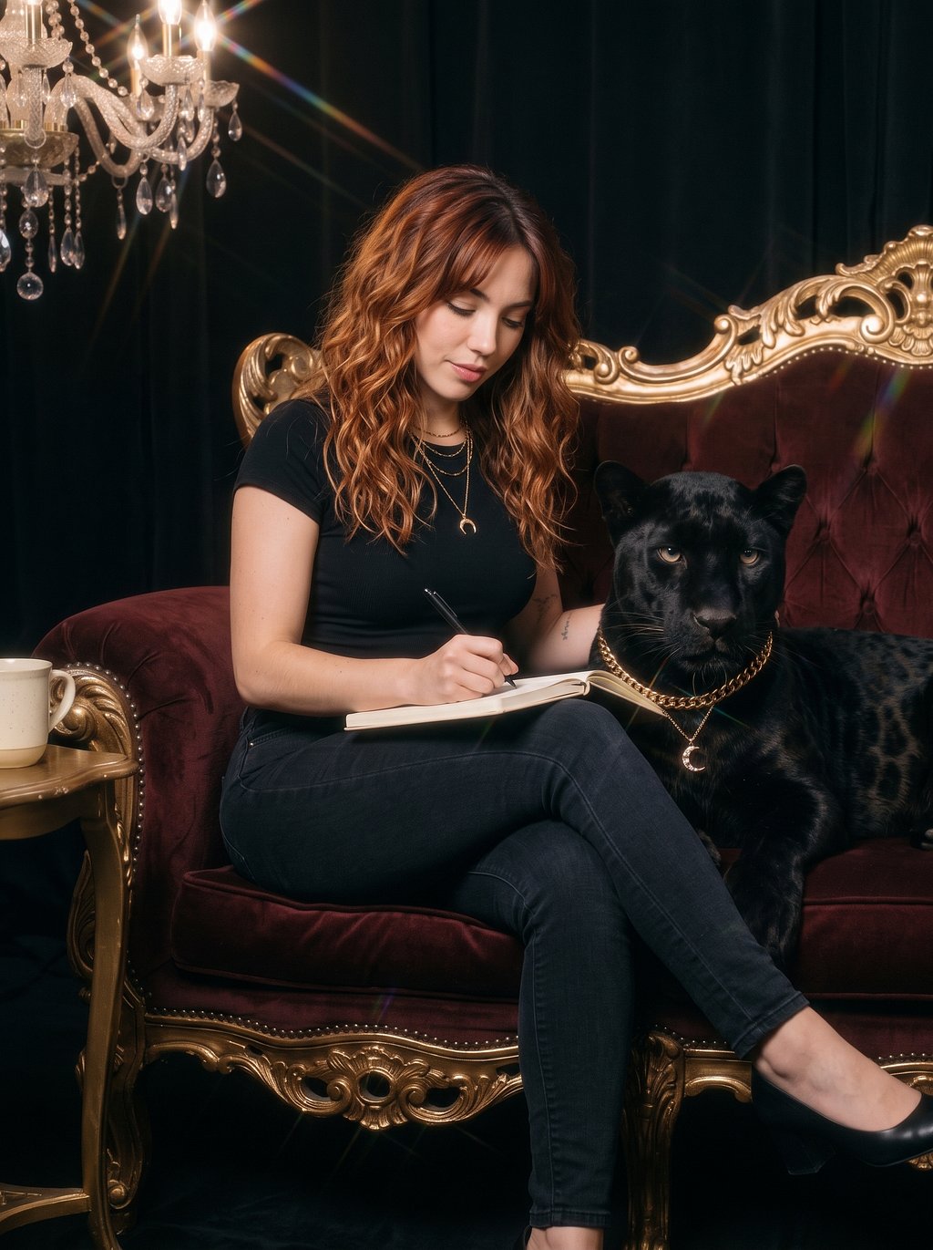 Ai Morgan writing in her journal with Nyx beside her