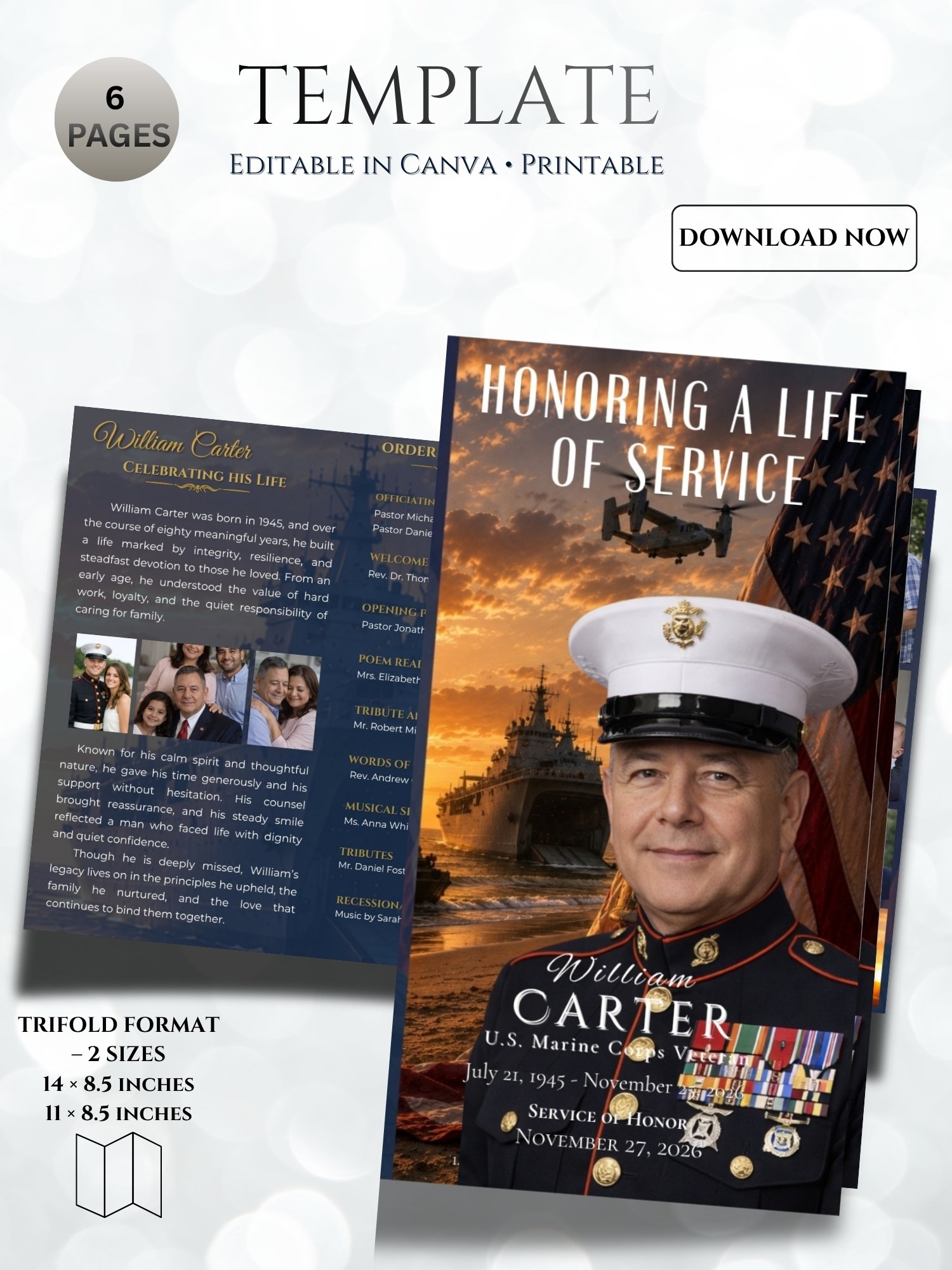 Veteran US Marine Corps Obituary Template | Military Trifold Canva product image (4)